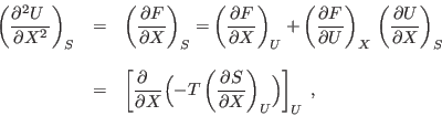 \begin{displaymath}
\begin{array}{rcl}
\displaystyle\left(\frac{\partial^2 U }...
...\partial S}{\partial X}\right)_U\Bigr)\right]_U \;,
\end{array}\end{displaymath}