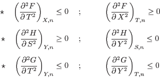 \begin{eqnarray*}
\star\quad \left(\frac{\partial^2 F}{\partial T^2}\right)_{X...
...uad \left(\frac{\partial^2 G}{\partial Y^2}\right)_{T,n} \leq 0
\end{eqnarray*}