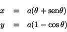 \begin{displaymath}
\begin{array}{rcl}
x &=& a (\theta + \mbox{sen} \theta) \\
y &=& a (1 - \cos \theta)
\end{array}
\end{displaymath}