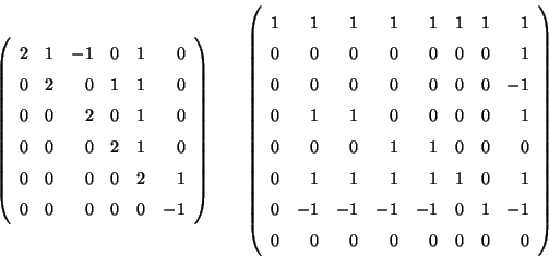 \begin{displaymath}
\left( \begin{array}{rrrrrr}
2& 1&-1& 0& 1& 0\\
0& 2& ...
...1& 0& 1&-1\\
0& 0& 0& 0& 0& 0& 0& 0
\end{array} \right)
\end{displaymath}