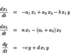\begin{displaymath}
\renewedcommand {arraystretch}{2.0}
\begin{array}{rcl}
\d...
...style \frac{dy}{dt} &=& -c \, y + d \, x_1 \, y
\end{array}
\end{displaymath}