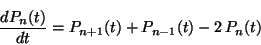 \begin{displaymath}
\frac{d P_n(t)}{dt} = P_{n+1}(t) + P_{n-1}(t) - 2\, P_n(t)
\end{displaymath}