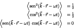 \begin{displaymath}
\begin{array}{rl}
\left< \mbox{sen}^2 (\vec{k} \cdot \vec{...
...ec{k} \cdot \vec{r} - \omega t) \right>
& = 0
\end{array}
\end{displaymath}