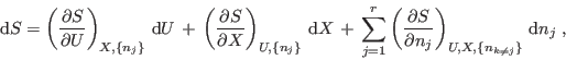 \begin{displaymath}
 {\rm d}S = \left(\frac{\partial S}{\partial U}\right)_{X,...
...S}{\partial n_j}\right)_{U,X,\{n_{k\neq
j}\}}  {\rm d}n_j \;,
\end{displaymath}