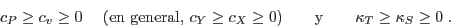 \begin{displaymath}
c_P \geq c_v \geq 0 \;\quad \mbox{(en general, $c_Y \geq c_...
... 0$)}
\qquad {\rm y} \qquad \kappa_T \geq \kappa_S \geq 0 \;.
\end{displaymath}