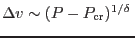 $\Delta v\sim(P-P_{\rm cr})^{1/\delta} $