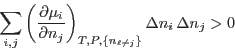 \begin{displaymath}
\sum_{i,j}
\left(\frac{\partial\mu_i}{\partial n_j}\right)_{T,P,\{n_{\ell\neq j}\}}
\Delta n_i  \Delta n_j >0
\end{displaymath}
