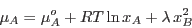 \begin{displaymath}
\mu_A = \mu_A^o + RT \ln x_A + \lambda x_B^2
\end{displaymath}