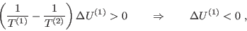 \begin{displaymath}
\left( \frac{1}{T^{(1)}}-\frac{1}{T^{(2)}} \right) \Delta U^{(1)}>0 \qquad
\Rightarrow \qquad \Delta U^{(1)}<0 \;,
\end{displaymath}