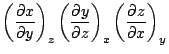 $\displaystyle \left(\frac{\partial x}{\partial y}\right)_z
\left(\frac{\partial y}{\partial z}\right)_x
\left(\frac{\partial z}{\partial x}\right)_y$