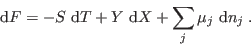 \begin{displaymath}
 {\rm d}F = -S   {\rm d}T + Y   {\rm d}X + \sum_j \mu_j   {\rm d}n_j \;.
\end{displaymath}