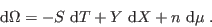 \begin{displaymath}
 {\rm d}\Omega = -S   {\rm d}T + Y   {\rm d}X + n   {\rm d}\mu \;.
\end{displaymath}