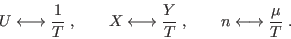 \begin{displaymath}
U \longleftrightarrow \frac 1T \;, \qquad X \longleftrightarrow \frac YT
\;, \qquad n \longleftrightarrow \frac \mu T \;.
\end{displaymath}