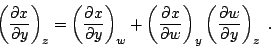 \begin{displaymath}
\left(\frac{\partial x}{\partial y}\right)_z =
\left(\frac...
... w}\right)_y
\left(\frac{\partial w}{\partial y}\right)_z \;.
\end{displaymath}