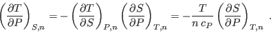 \begin{displaymath}
\left(\frac{\partial T}{\partial P}\right)_{S,n} =
- \left...
...T{n c_P} \left(\frac{\partial S}{\partial P}\right)_{T,n} \;.
\end{displaymath}