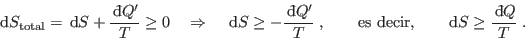\begin{displaymath}
 {\rm d}S_{\rm {total}} =  {\rm d}S + \frac{ {\rm d}\!\b...
...cir,} \qquad  {\rm d}S \geq \frac{ {\rm d}\!\bar{ }  Q}T\;.
\end{displaymath}