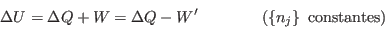 \begin{displaymath}
\Delta U = \Delta Q + W = \Delta Q - W' \qquad\qquad
\mbox{($\{n_j\} $ constantes)}
\end{displaymath}
