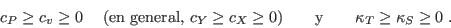 \begin{displaymath}
c_P \geq c_v \geq 0 \;\quad \mbox{(en general, $c_Y \geq c_...
... 0$)}
\qquad {\rm y} \qquad \kappa_T \geq \kappa_S \geq 0 \;.
\end{displaymath}