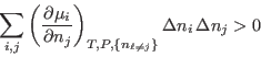 \begin{displaymath}
\sum_{i,j}
\left(\frac{\partial\mu_i}{\partial n_j}\right)_{T,P,\{n_{\ell\neq j}\}}
\Delta n_i  \Delta n_j >0
\end{displaymath}