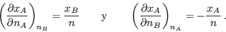 \begin{displaymath}
\left(\frac{\partial x_A}{\partial n_A}\right)_{n_B} = \fra...
...{\partial x_A}{\partial n_B}\right)_{n_A} = -\frac{x_A}{n} \;.
\end{displaymath}