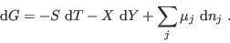 \begin{displaymath}
 {\rm d}G = -S   {\rm d}T - X   {\rm d}Y + \sum_j \mu_j   {\rm d}n_j \;.
\end{displaymath}