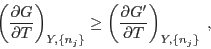 \begin{displaymath}
\left(\frac{\partial G}{\partial T}\right)_{Y,\{n_j\}} \ge
\left(\frac{\partial G'}{\partial T}\right)_{Y,\{n_j\}} \;,
\end{displaymath}