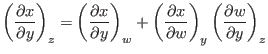 $\displaystyle \left(\frac{ \partial x}{\partial y} \right)_z =
\left(\frac{ \p...
...rtial x}{\partial w} \right)_y
\left(\frac{ \partial w}{\partial y} \right)_z $