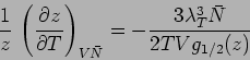 \begin{displaymath}
\frac1z\,\left(\frac{\partial z}{\partial T}\right)_{V\bar N} =
-\frac{3\lambda_T^3 \bar N}{2TVg_{1/2}(z)}
\end{displaymath}
