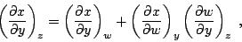 \begin{displaymath}
\left(\frac{\partial x}{\partial y}\right)_z =
\left(\frac...
... w}\right)_y
\left(\frac{\partial w}{\partial y}\right)_z \;,
\end{displaymath}