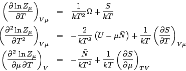 \begin{eqnarray*}
\left(\frac{\partial\ln Z_\mu}{\partial T}\right)_{V\mu} &=&
...
...kT^2}+\frac1{kT}\left(\frac{\partial
S}{\partial\mu}\right)_{TV}
\end{eqnarray*}