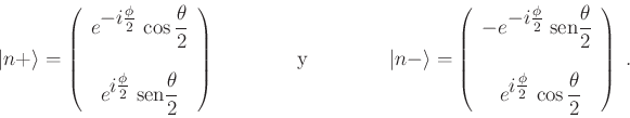 \begin{displaymath}
\vert n+\rangle = \left( \begin{array}{c}
e^{\textstyle ...
...2}\, \cos{\displaystyle\frac\theta2}
\end{array}\right) \;.
\end{displaymath}