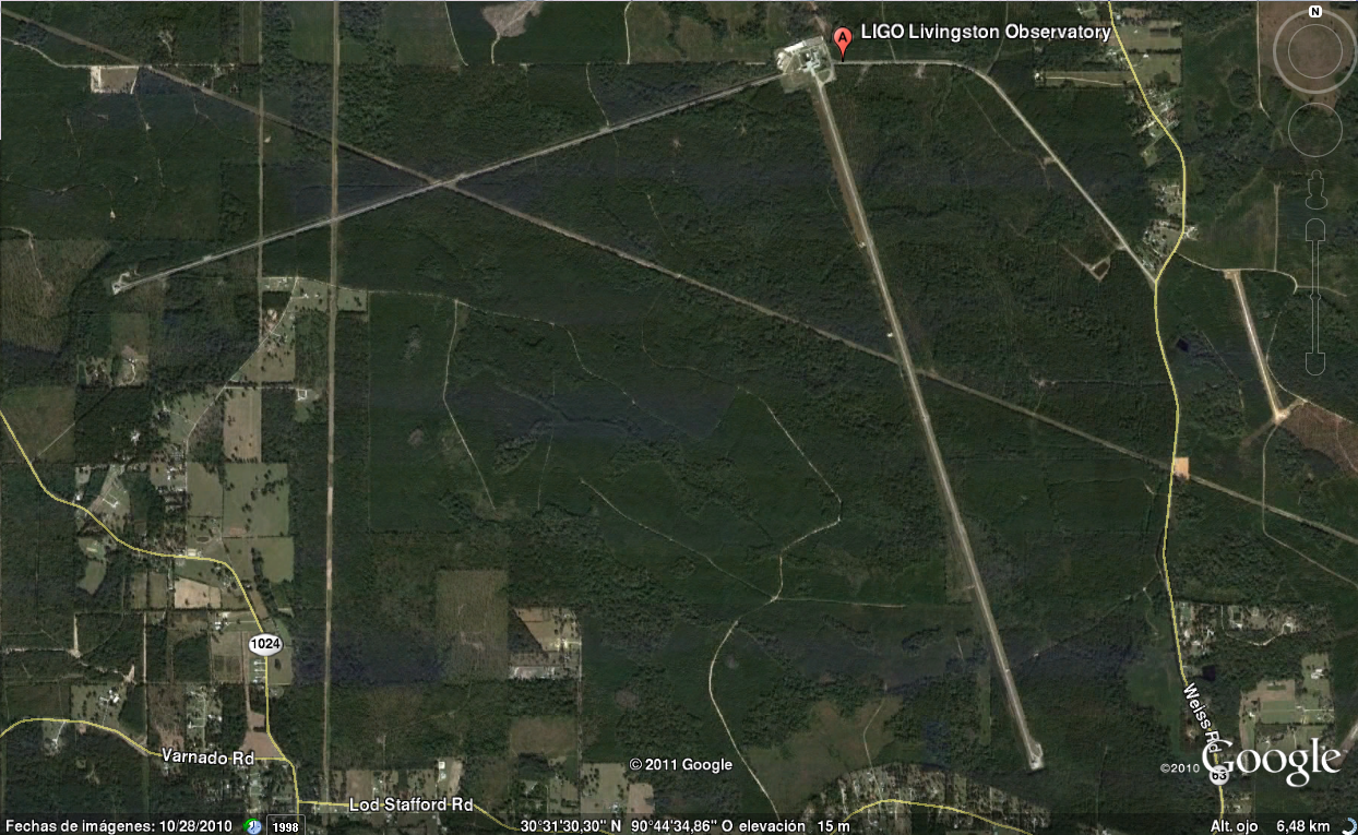 Vista satelital del detector LIGO de ondas gravitacionales ubicado en 
Livingston, estado de Luisiana, en el sureste de Estados Unidos.
