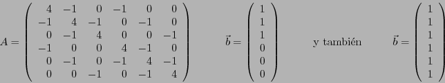 \begin{displaymath}
A=\left(\begin{array}{rrrrrr}
4 & -1 & 0 & -1 & 0 & 0\\
-1 ...
...begin{array}{c}
1 \\ 1 \\ 1 \\ 1 \\ 1 \\ 1
\end{array} \right)
\end{displaymath}