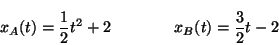 \begin{displaymath}
x_A(t) = \displaystyle \frac{1}{2} t^2 + 2 \qquad \qquad
x_B(t) = \displaystyle \frac{3}{2} t -2
\end{displaymath}