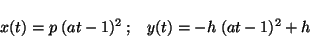 \begin{displaymath}
x(t) = p\;(a t - 1)^2 \; ; \;\;\; y(t) = -h\;(a t - 1)^2 + h
\end{displaymath}
