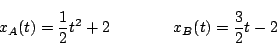 \begin{displaymath}
x_A(t) = \displaystyle \frac{1}{2} t^2 + 2 \qquad \qquad
x_B(t) = \displaystyle \frac{3}{2} t -2
\end{displaymath}