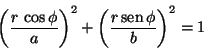 \begin{displaymath}
\left( \frac{r \,\cos \phi}{a} \right)^2 +
\left( \frac{r \,\mbox{sen} \,\phi}{b} \right)^2 = 1
\end{displaymath}