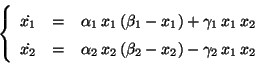 \begin{displaymath}
\left\{
\begin{array}{ccl}
\displaystyle \dot{x_1} &=& \a...
...\beta_2 - x_2) -
\gamma_2 \,x_1 \,x_2
\end{array}
\right.
\end{displaymath}